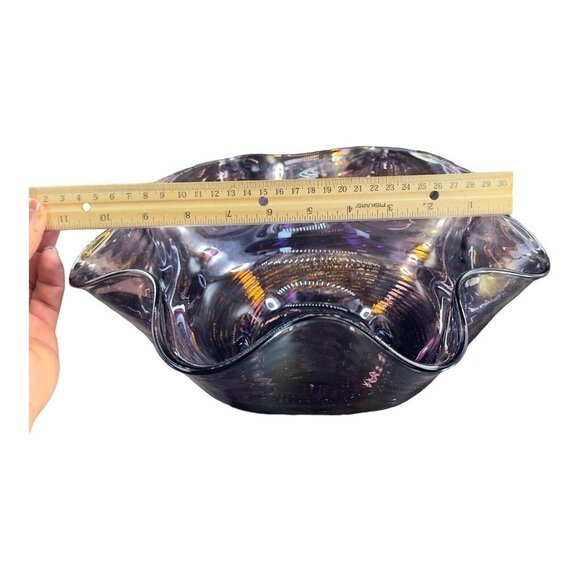 Hand Blown Chrome Iridescent Purple Art Glass Bowl Dish Ruffled Edge Large Bowl - Picture 11 of 16